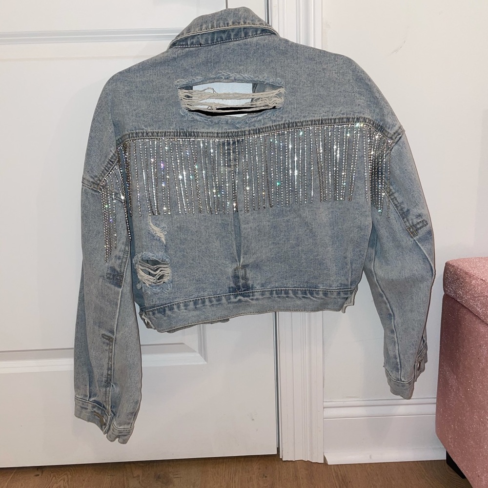 Rhinestone fringe jean jacket